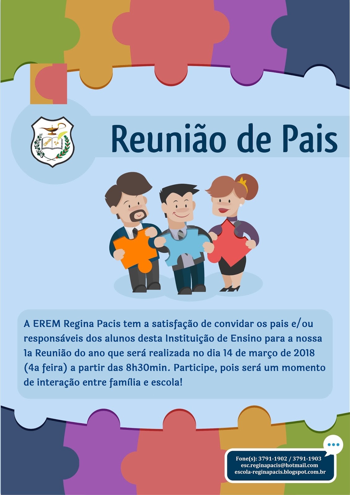 Escola Regina Pacis - Palmeirina/PE: Convite I Encontro Família x Escola  de 2018